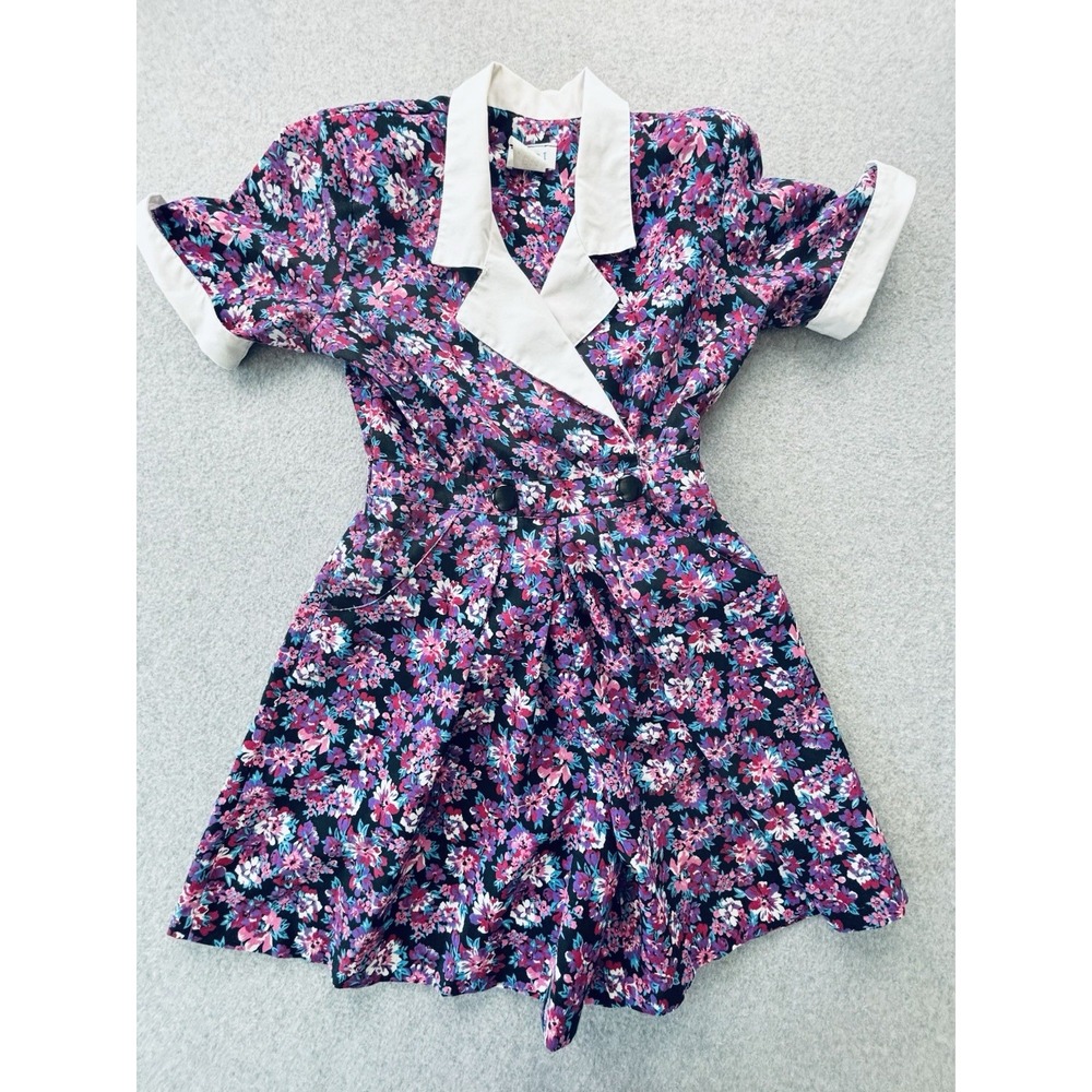Vintage 80s 90s Peri Petites Floral Romper Contrast Sailor Collar USA Size 10